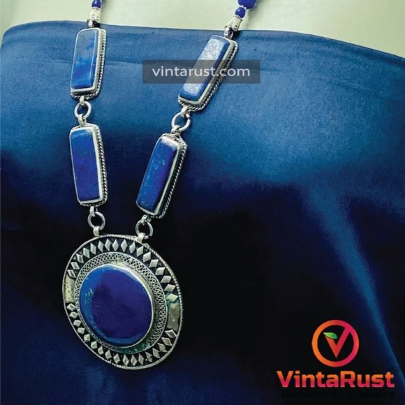 Blue Lapis Lazuli Pendant Necklace: Beaded Gemstone, Tribal Jewelry - Picture 2 of 13